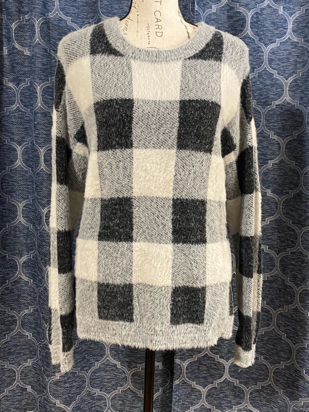 Cyrus Black & White Buffalo Plaid Crewneck Sweater